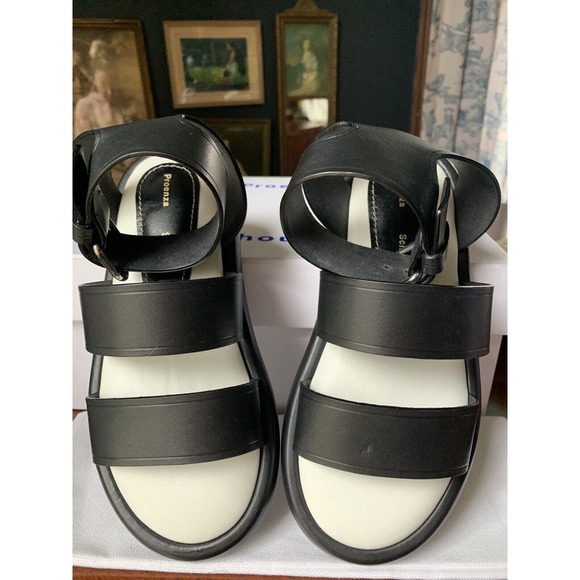 Proenza Schouler Sandals Black Leather Pipe Size 36 Chunky Flat Buckle 695 MSRP - Picture 13 of 14